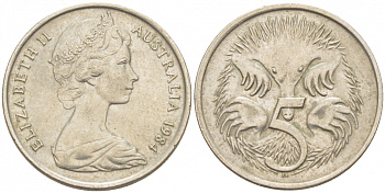 АВСТРАЛИЯ 5 ЦЕНТОВ 1984 ЕЛИЗАВЕТА II, МОЛОДОЙ ПОРТРЕТ, ЕХИДНА KM 64 медно-никель 3851-1136