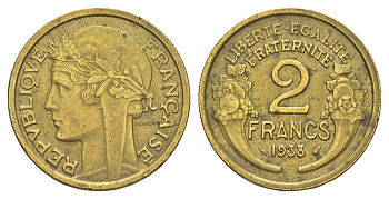 Франция 2 франка 1938 KM 886 алюминиевая бронза 4543-124