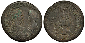 Римская Империя, Провинция Нижняя Мезия, Маркианополь пентассарий 193 - 211 Септимий Север, бюсты Септимия Севера и Юлии Домны / Кибела на троне, 12,33 гр Varbanov 857 медь 1073-7-24