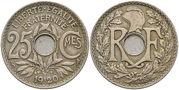 Франция 25 сантимов 1920 KM 867a, Le Franc 171.7 медно-никель 4142-1254