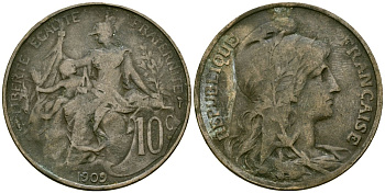 Франция 10 сантимов 1909 тип Даниэль Дюпюи KM 843 бронза 4558-314