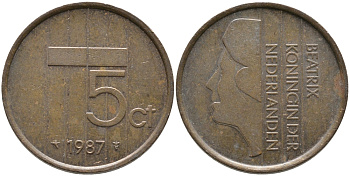 НИДЕРЛАНДЫ 5 ЦЕНТОВ 1987 БЕАТРИКС KM 202 бронза 65-1245