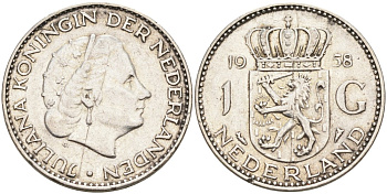 Нидерланды 1 гульден 1958 Юлиана (1948-1980) KM 184 серебро 190-1021