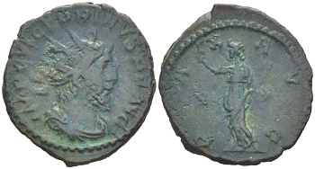 Римская Империя, императоры в Галлии антониниан 269 - 271 Викторин, IMP C VICTORINVS P F AVG, бюст императора / PAX AVG, Пация, персонификация Мира, Колония Агриппины (Кельн) RIC 118 биллон 1073-20-26