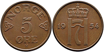 НОРВЕГИЯ 5 ЭРЕ 1954 KM 400 бронза 51-1541