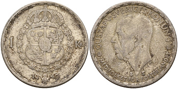 Швеция 1 крона 1949 TS, Густав VI Адольф (1950-1973) KM 814 серебро 4148-1111