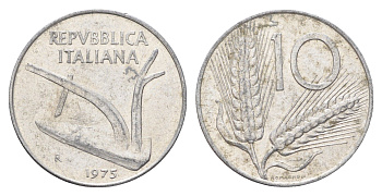 Италия 10 лир 1975 R, плуг, колосья KM 93 алюминий 4704-547