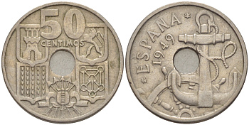 Испания 50 сентимо 1949 (54) Франсиско Франко (1939-1975), морская атрибутика KM 777 медно-никель 216-531