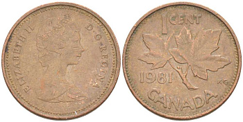 Канада 1 цент 1981 Елизавета II (1952-2022), кленовый лист KM 127 бронза 75-1633