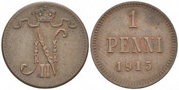 РОССИЯ ДЛЯ ФИНЛЯНДИИ 1 ПЕННИ 1915 НИКОЛАЙ II KM 13, Биткин 475 медь 4396-1453