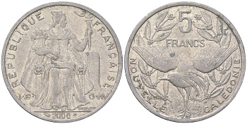 Французская Новая Каледония 5 франков 2000 птица кагу, (IEOM) KM 16, Schoen 12, Lec 81e алюминий 189-241