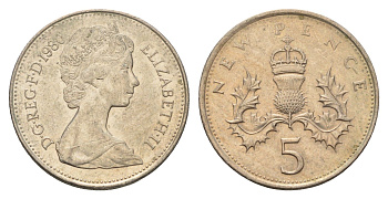 Великобритания 5 пенсов 1980 Елизавета II (1952-2022) KM 911, Spink 4233 (D1) медно-никель 4673-917