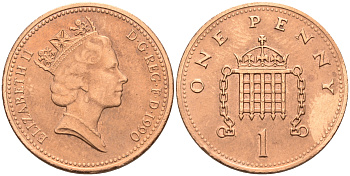 Великобритания 1 пенни 1990 Елизавета II (1952-2022) KM 935, Spink 4381 (B3) бронза 4588-548