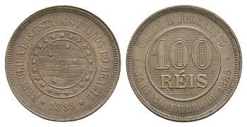 Бразилия 100 реалов (рейсов) 1889 KM 492 медно-никель aUNC 1519-1343