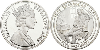 Гибралтар 5 фунтов 2005 Трафальгарское сражение, раздумья генерала серебро PROOF 00-00