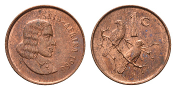 ЮАР 1 цент 1966 Ян ван Рибек (1619-1677), Suid Africa, легенда на африкаанс, капские воробьи KM 65.2 бронза aUNC 4690-1119