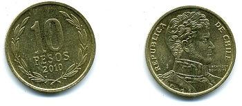 ЧИЛИ 10 ПЕСО 2010 ГЕНЕРАЛ БЕРНАРДО О ХИГГИНС KM 228.2 никель-бронза 37-942