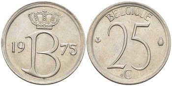 БЕЛЬГИЯ 25 САНТИМОВ 1975 BELGIQUE, БОДУЭН I (1951-1993) KM 153.1 медно-никель 214-442
