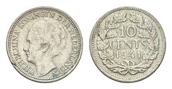 Нидерланды 10 центов 1941 Вильгельмина I (1890-1948) KM 163 серебро 4659-1166