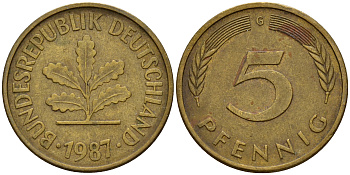 ФРГ 5 пфеннигов 1987 G J.382, KM 107 сталь плакированная латунью    4598-1054