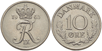 ДАНИЯ 10 ЭРЕ 1963 C; S, ФРЕДЕРИК IX (1947-1972) KM 849.1 медно-никель 100-263