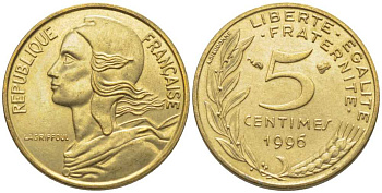 ФРАНЦИЯ 5 САНТИМОВ 1996 ТИП MARIANNE, 4 PILIS KM 933, LE FRANC 125.39 медь алюминий никель 116-464