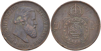Бразилия 20 рейсов 1869 Педро II (1831-1889) KM 474 бронза 4529-442