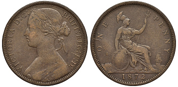 Великобритания 1 пенни 1872 Виктория (1837-1901) KM 749.2, Spink 3954 бронза 1524-634