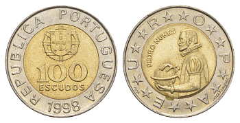 Португалия 100 эскудо 1998 Педру Нуниш (1502-1578), математик KM 645 биметалл aUNC 4391-334