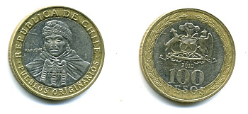 Чили 100 песо 2010 индейцы Мапуче KM 236 биметалл 41-442