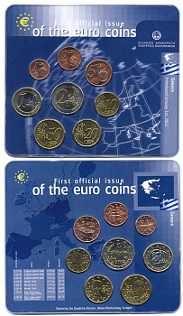 Греция евронабор из 8 монет 2002 официальный выпуск в пластике биметалл UNC 5-4-1-83