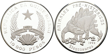 Гвинея-Бисау 10000 песо 1993 серия доисторические животные, стегозавр KM 32 серебро PROOF 1095-7-23