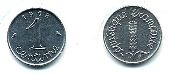 ФРАНЦИЯ 1 САНТИМ 1968 KM 928, LE FRANC 106.15 нержавеющая сталь 3999-611