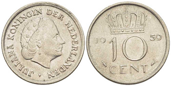 НИДЕРЛАНДЫ 10 ЦЕНТОВ 1959 ЮЛИАНА KM 182 никель 66-821