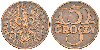 ПОЛЬША 5 ГРОШЕЙ 1935 w KM 10а бронза 4516-1128