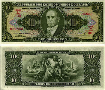 БРАЗИЛИЯ 10 КРУЗЕЙРО 1953-1960 СЕРИЯ 1195А, ESTAMPA 2А Pick 159b бумага UNC (ПРЕСС) 7547-38-2-2