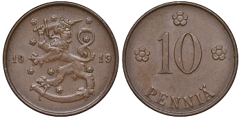 Финляндия 10 пенни 1919 KM 24 медь 45-437