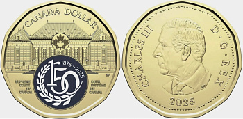 Канада 1 доллар 2025 Карл III (2022- ), 150 лет Верховному Суду Канады, термопечать KM NEW сталь плакированная латунью  UNC  M78-11