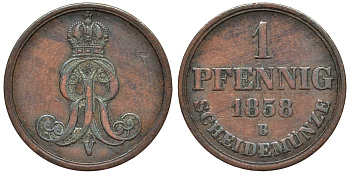 Ганновер 1 пфенниг 1858 B, Георг V KM 233, AKS 156, J. 90 медь 4594-262