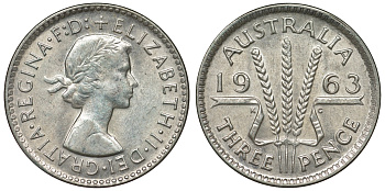 Австралия 3 пенса 1963 m, Елизавета II (1952-2022) KM 57 серебро 71-864