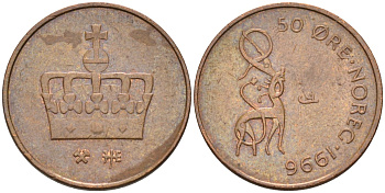 Норвегия 50 эре 1996 Харальд V (1991- ) KM 460 бронза 4580-821