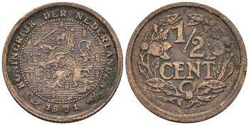 Нидерланды 1/2 цента 1921 Вильгельмина (1890-1948) KM 138 бронза 4576-422