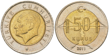 Турция 50 курушей 2011 KM 1243 биметалл 4610-1134
