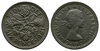 Великобритания 6 пенсов 1961 Елизавета II (1952-2022) KM 903, Spink 4149 медно-никель 4381-735
