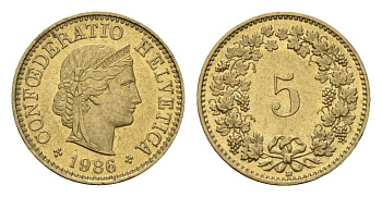 Швейцария 5 раппенов 1986 KM 26c алюминиевая бронза 188-1027