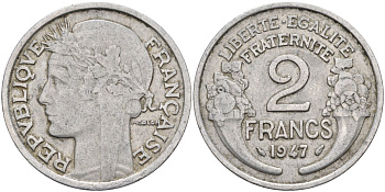 Франция 2 франка 1947 KM 886а.1, Le Franc 269.10 алюминий 4593-315