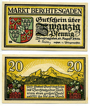 Берхтесгаден 20 пфеннигов 1920 13 августа 1920, нотгельд, земля Бавария Grabowski 76.3а бумага 2195-20-1-2