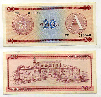 Куба, валютный сертификат 20 песо ND (1985) серия A, красная Pick FX 5 бумага aUNC 7217-74-3-2