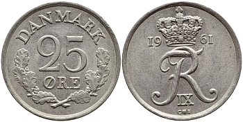 ДАНИЯ 25 ЭРЕ 1961 C; S, ФРЕДЕРИК IX (1947-1972) KM 850 медно-никель UNC 4398-944