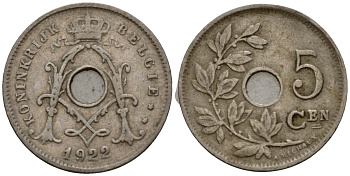 Бельгия 5 сантимов 1922 Belgie KM 67 медно-никель 4602-122